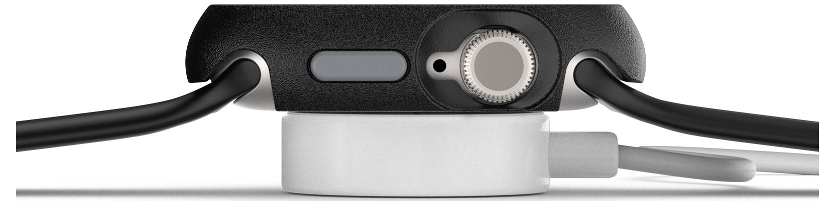 Widok z boku smartwatcha na ładowarce, z widocznym kołem z boku oraz dwoma kablami zapewniającymi zasilanie i połączenie danych.