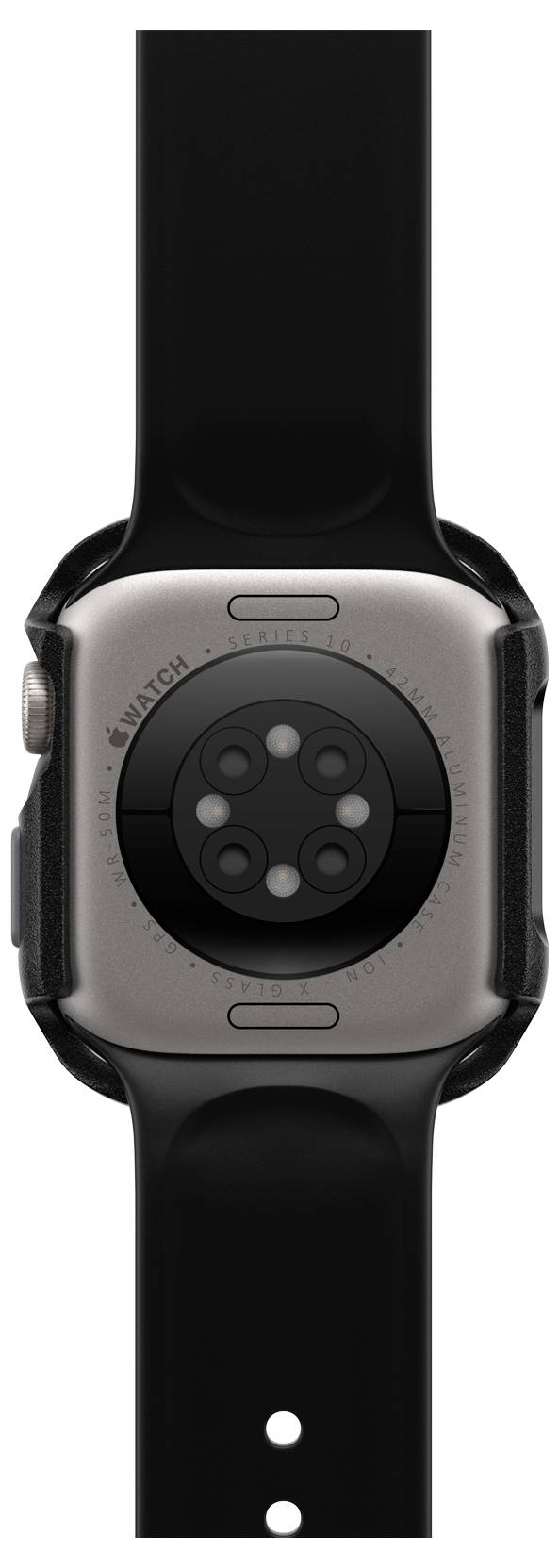 Zbliżenie tylnej części smartwatcha z czarnym paskiem, widoczne są sensory do monitorowania zdrowia.