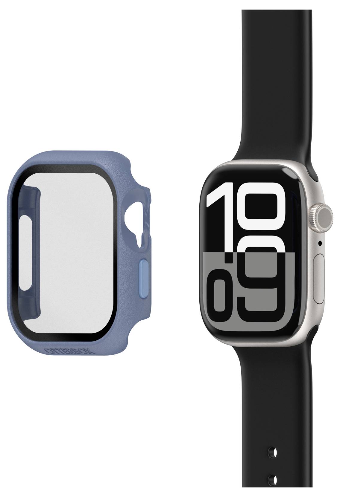 Smartwatch z czarnym paskiem i cyfrowym wyświetlaczem '10:09' obok niebieskiego etui.