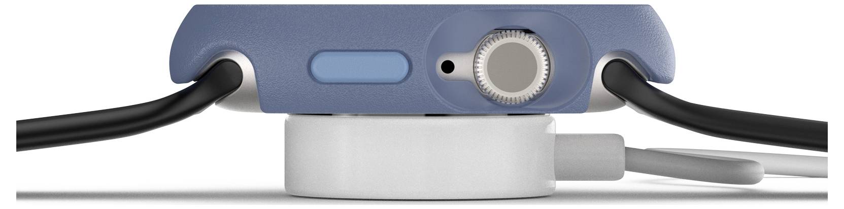 Widok z boku niebieskiego smartwatcha na białej ładowarce. Widoczny jest przycisk, pokrętło oraz podłączony kabel ładujący.