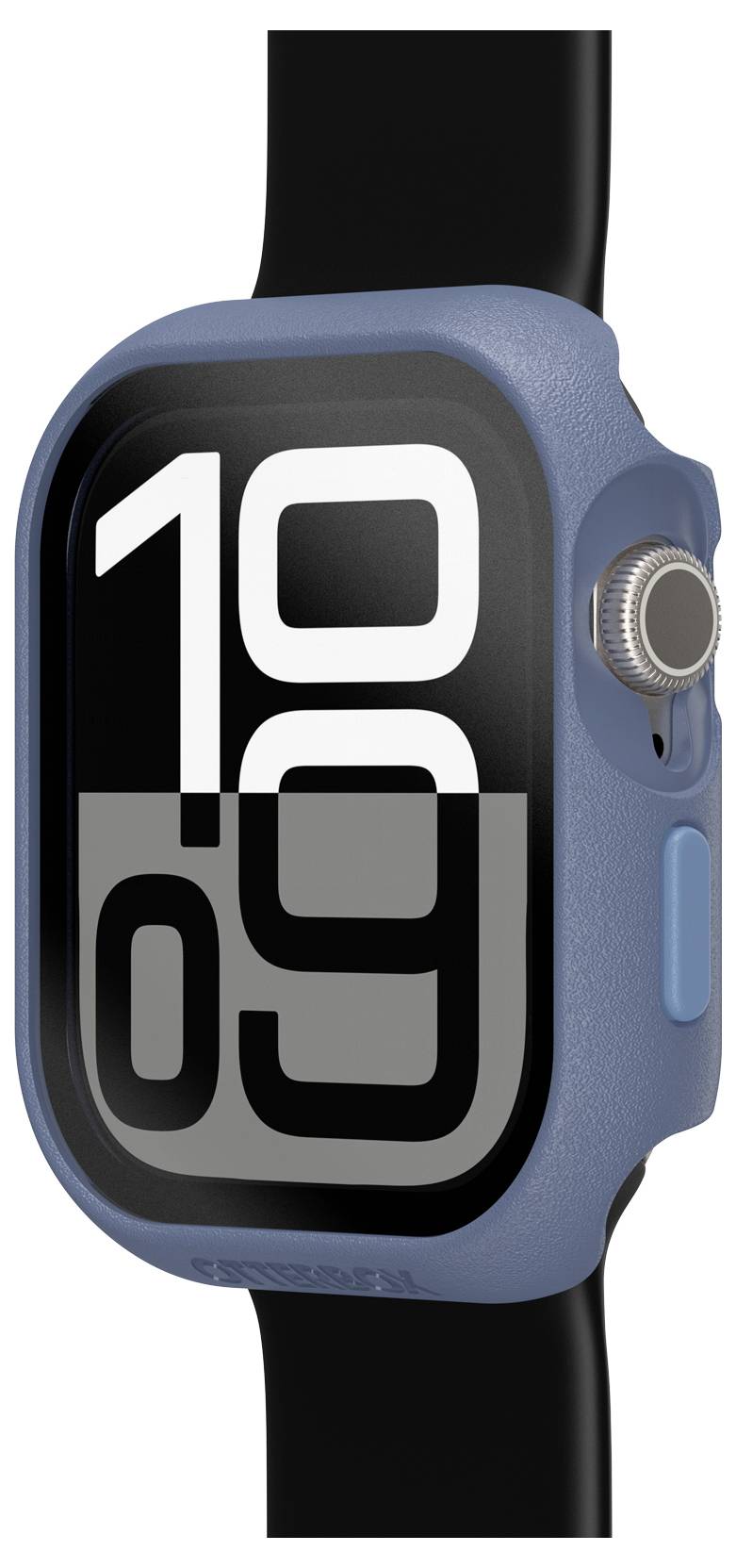 Cyfrowy zegarek naręczny z tarczą wyświetlającą godzinę '10:09' wielkimi, białymi cyframi na czarnym tle.