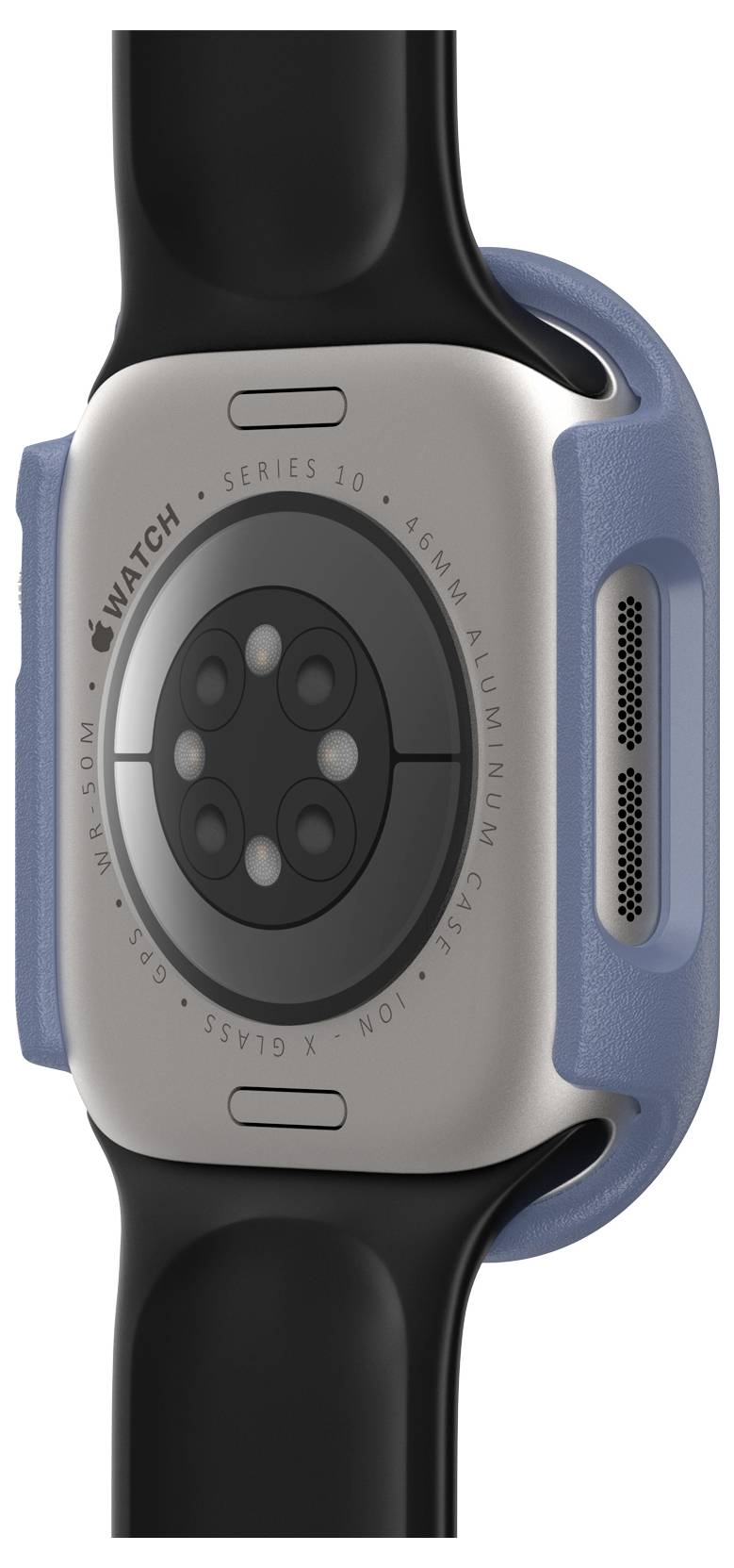 Tylna strona smartwatcha z czujnikami w niebieskiej obudowie. Zawiera napis 'Series 10, 45mm, Aluminium'.