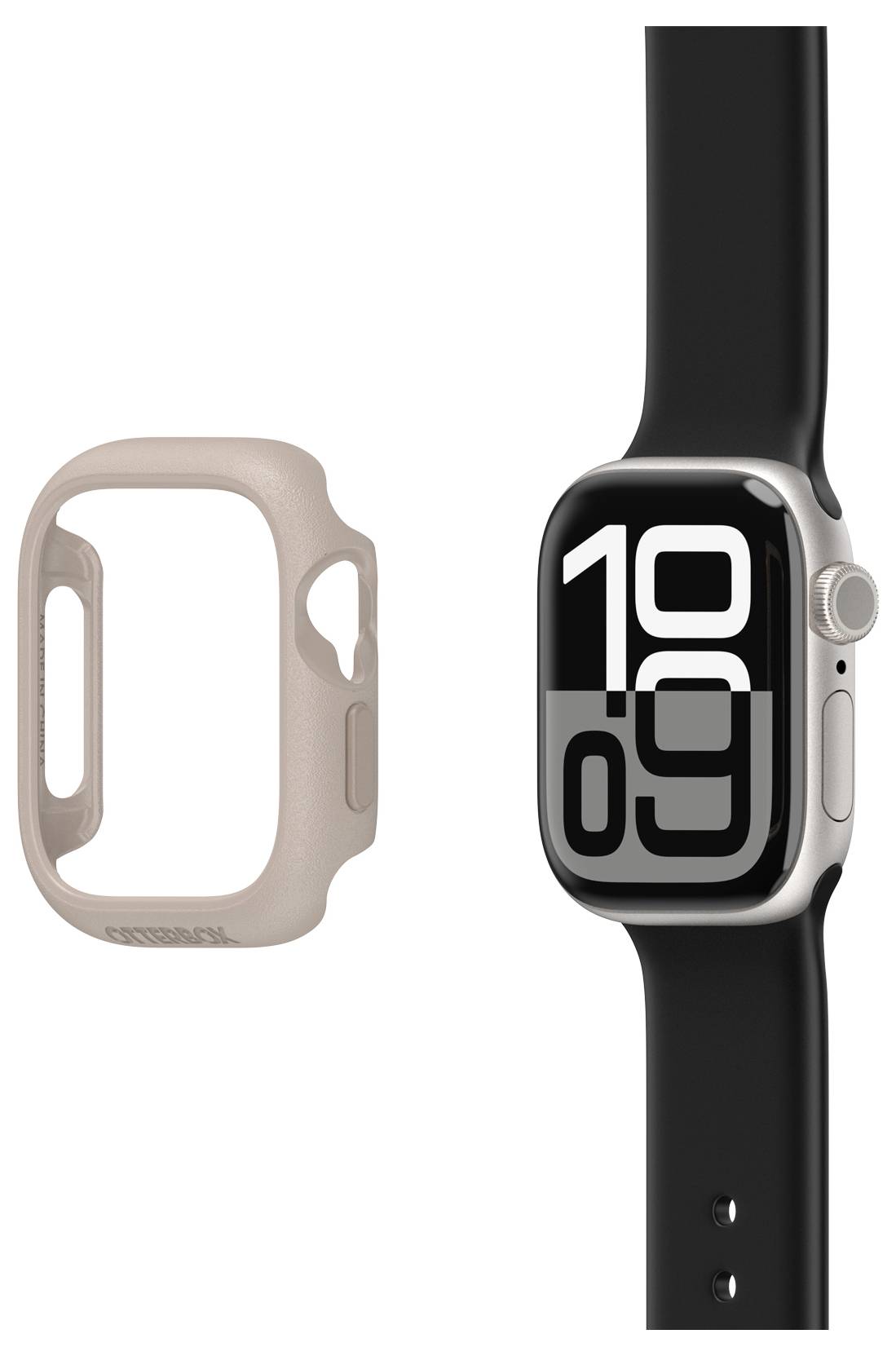 Smartwatch z dużą tarczą zegarową na czarnym pasku oraz beżowym etui ochronnym obok.