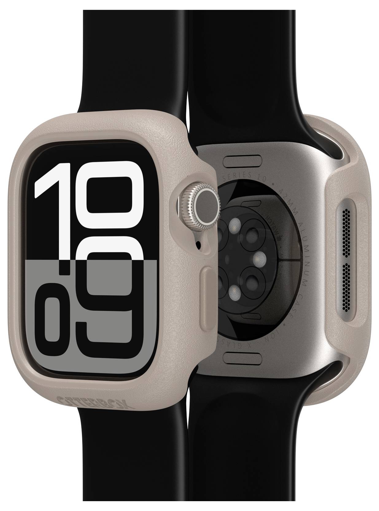 Zegarek Apple Watch z matową, różową obudową i czarnym paskiem, wyświetlający godzinę 10:09 dużymi białymi cyframi.