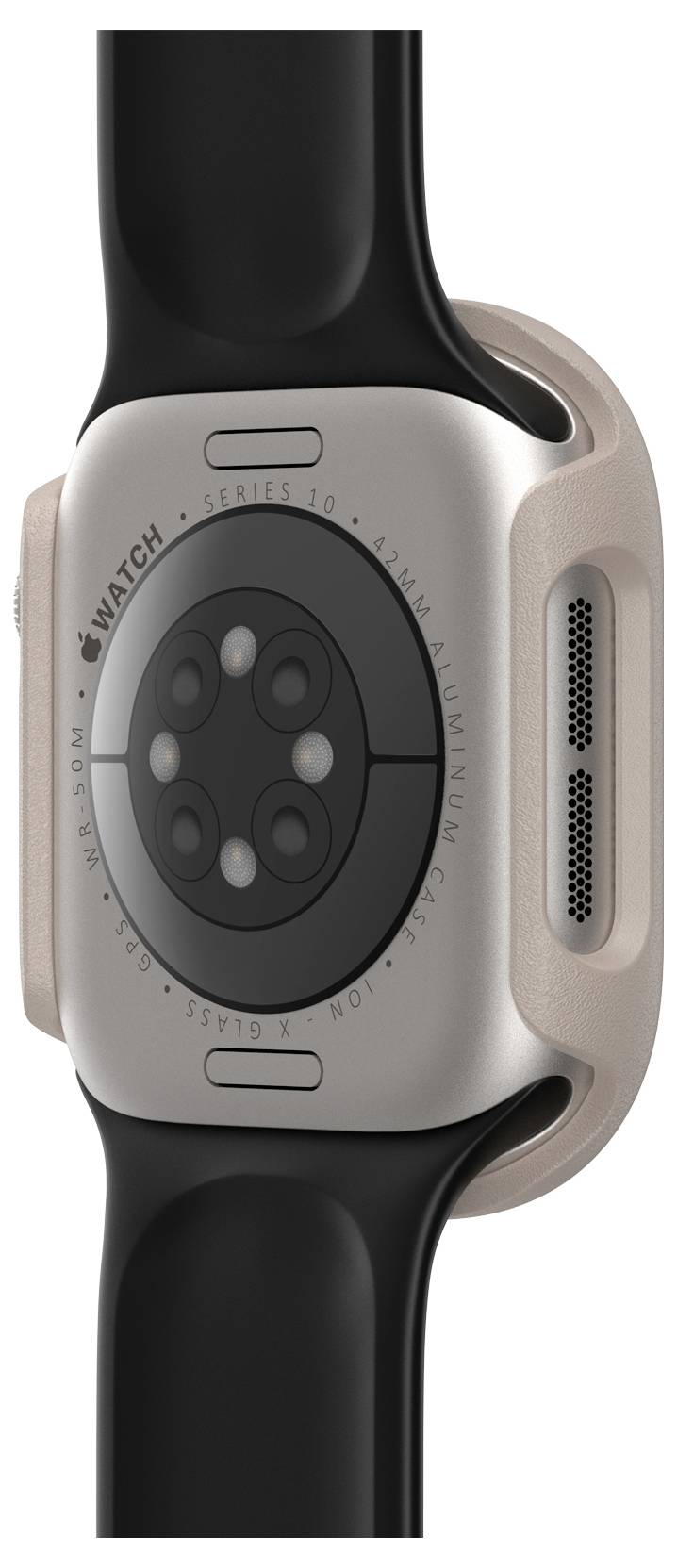 Tylna strona smartwatcha z czujnikami i czarnym paskiem. Marka i seria urządzenia wygrawerowane na obudowie.