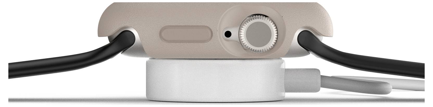 Inteligentny zegarek jest przedstawiony na stacji ładującej z boku. Koronka i elementy sterujące są wyraźnie widoczne, podłączone są dwa przewody.