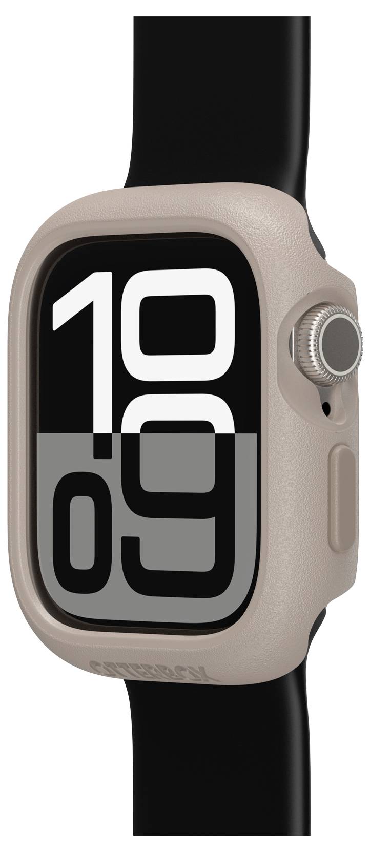 Smartwatch z dużym cyfrowym wyświetlaczem godziny '10:09'. Koperta jest w kolorze beżowym, a pasek czarny.