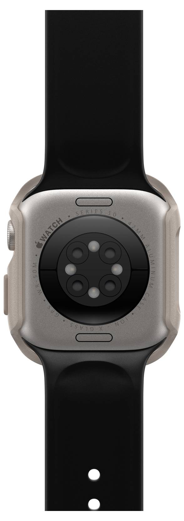 Tylna strona smartwatcha z czarnym paskiem; widoczne są czujniki i metalowa obudowa.