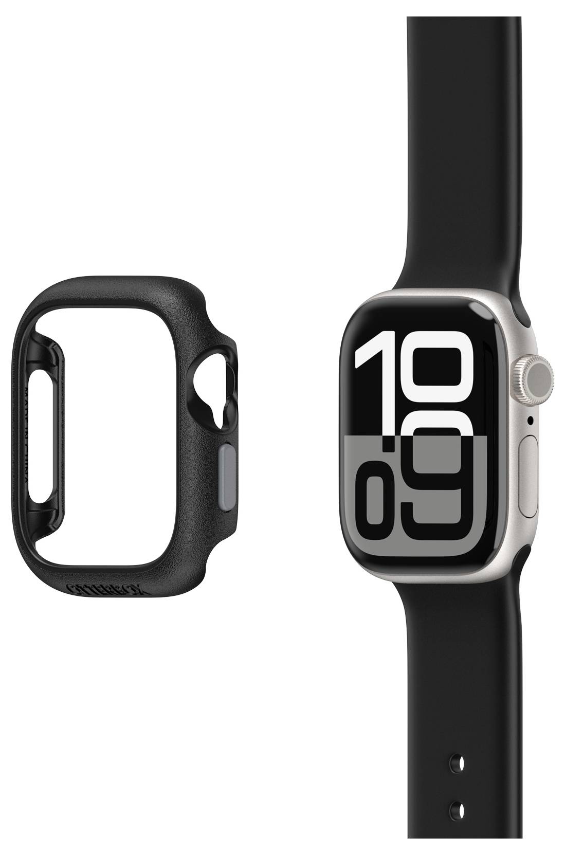 Smartwatch z czarnym paskiem wyświetla cyfrowy czas. Obok po lewej stronie znajduje się czarne etui ochronne.