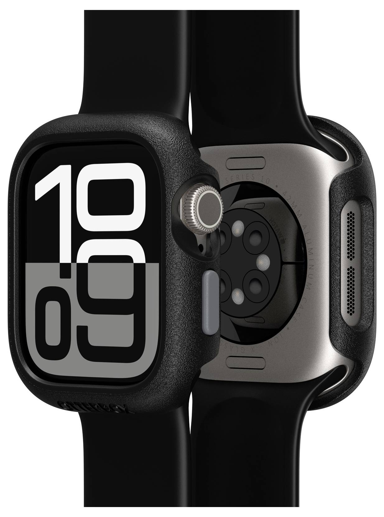 Czarny smartwatch z dużą cyfrową tarczą, wskazujący godzinę '10:09'. Pasek i obudowa zaprojektowane solidnie i wytrzymale.