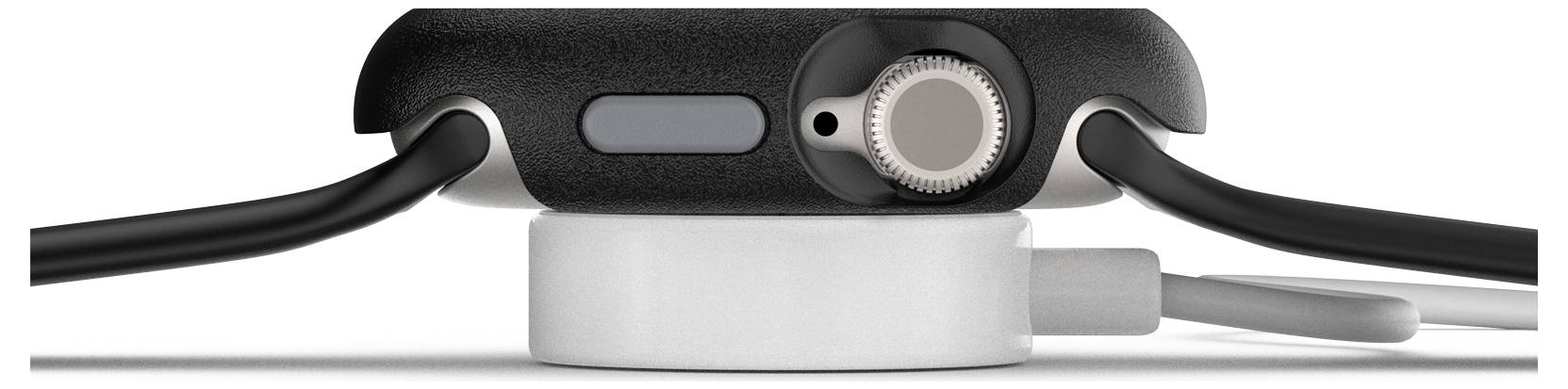 Widok z boku smartwatcha podłączonego do okrągłej ładowarki magnetycznej. Widoczne są dwa czarne kable.