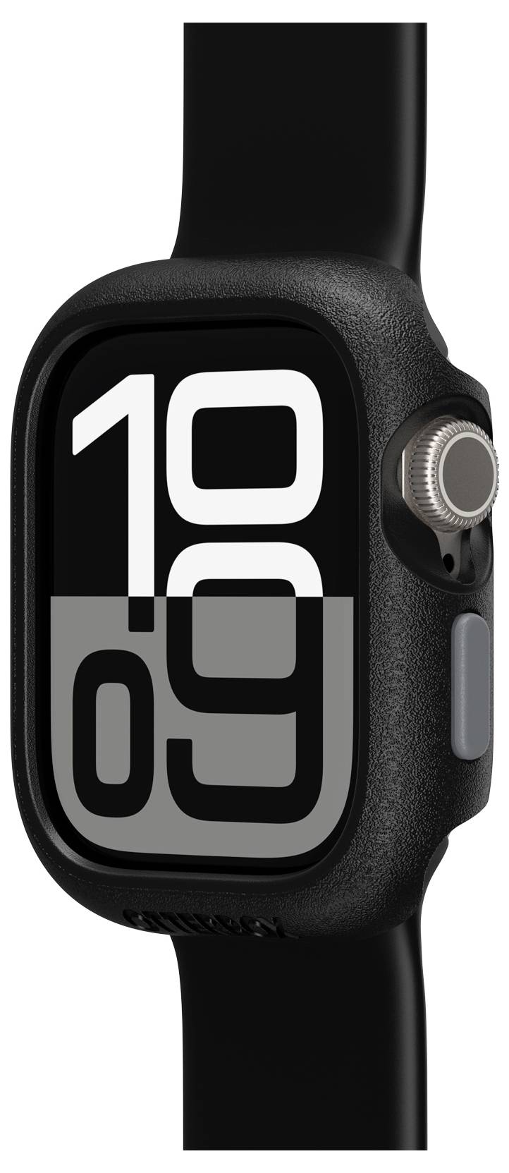 Czarny smartwatch widziany z boku, duża tarcza cyfrowa wskazuje '10:09'. Gruba obudowa z obrotową koronką.