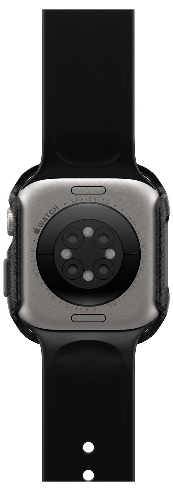 Tylna strona smartwatcha z czarnym paskiem, widoczne są czujniki i złącze ładowania.