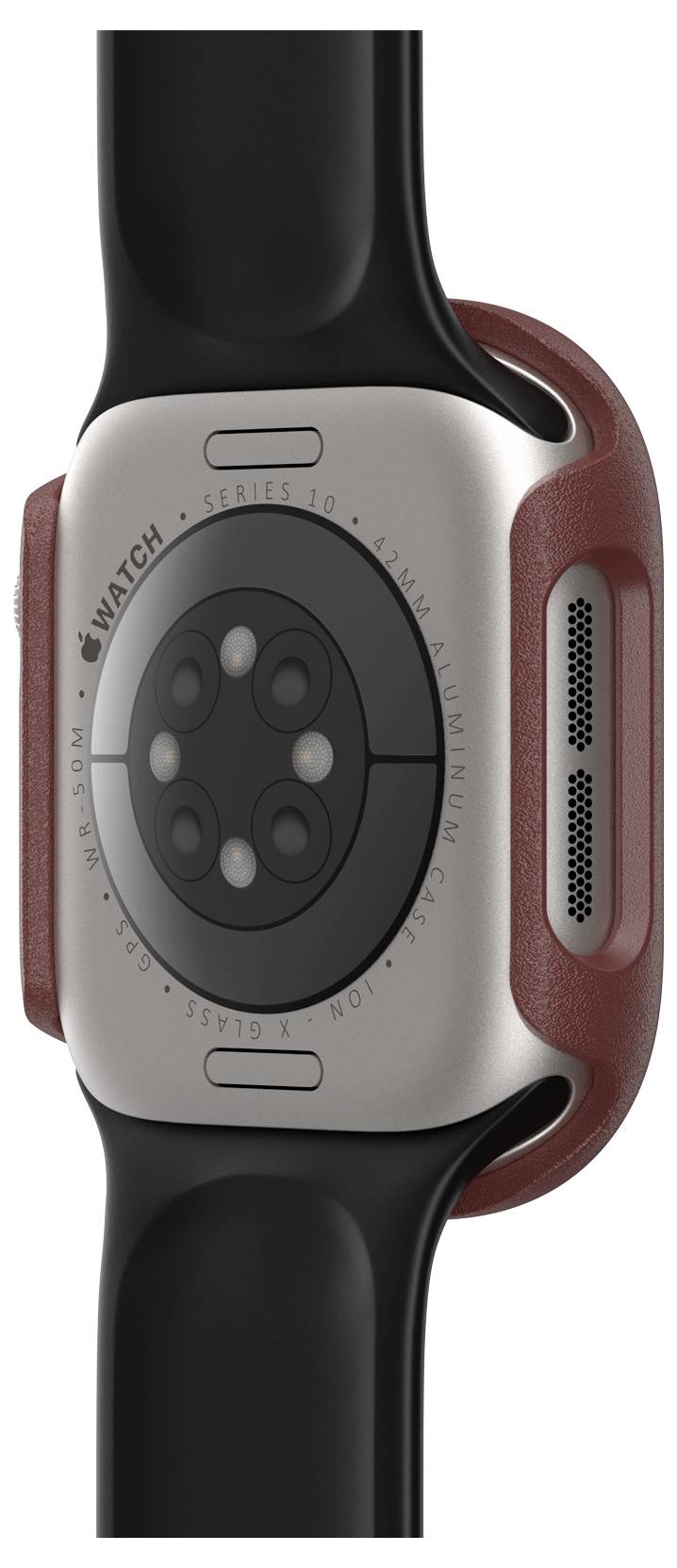 Inteligentny zegarek widziany od tyłu, lekko pochylony. Prezentuje technologię sensorową i podłączany pasek. Prostokątny design z zaokrąglonymi narożnikami.