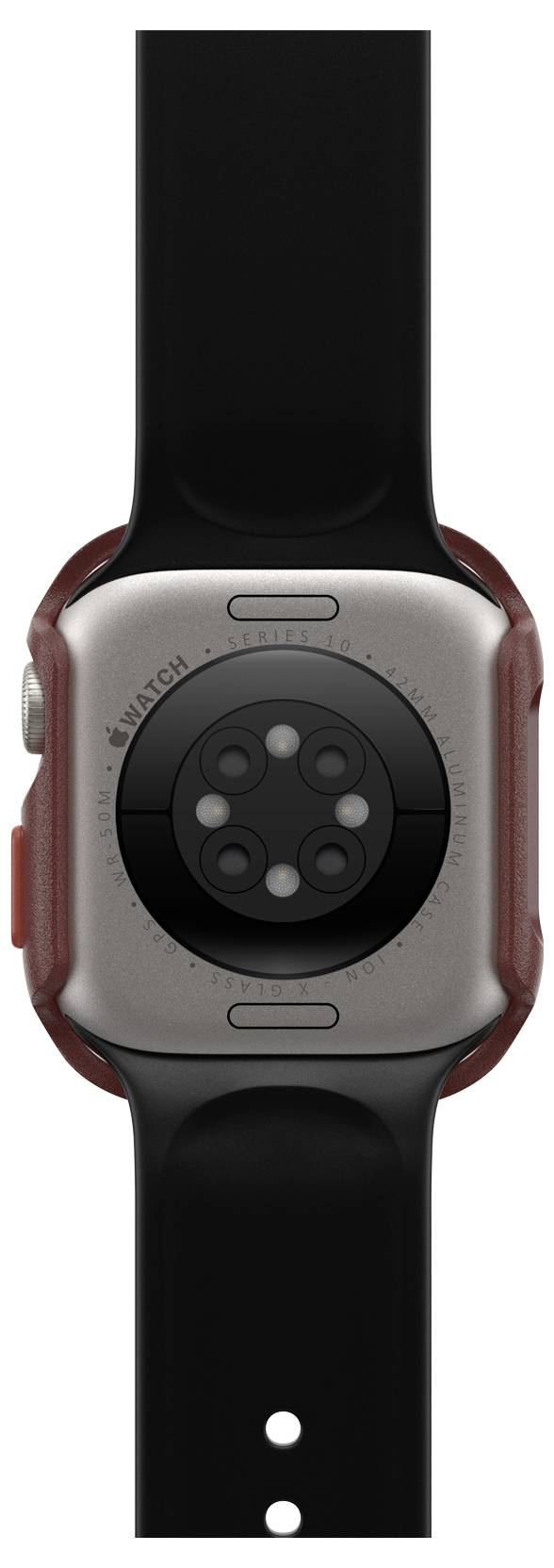 Tylna strona smartwatcha w ciemnoszarej obudowie z czarnym paskiem. Widoczne są czujniki na dolnej powierzchni zegarka.