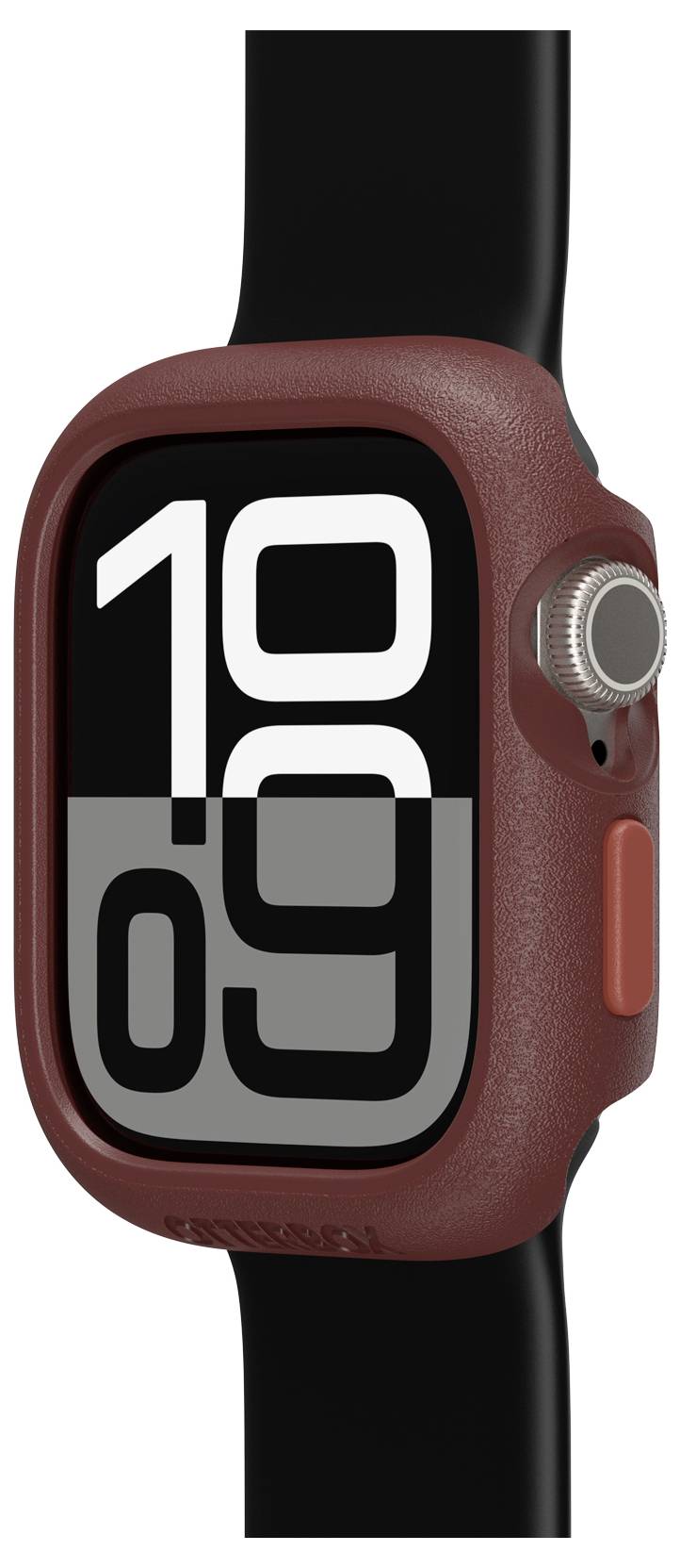 Smartwatch z czerwoną obudową i czarnym paskiem wyświetla godzinę 10:09 na cyfrowym ekranie z dużymi cyframi.