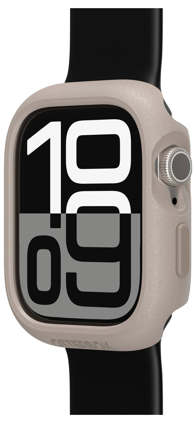 Cyfrowy zegarek z czarnym paskiem, wyświetlający godzinę '10:09' dużymi białymi cyframi na czarnym tle.