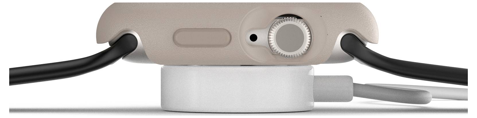 Smartwatch w widoku bocznym na magnetycznej stacji ładującej, z widocznym bocznym przyciskiem i cyfrowym elementem korony.