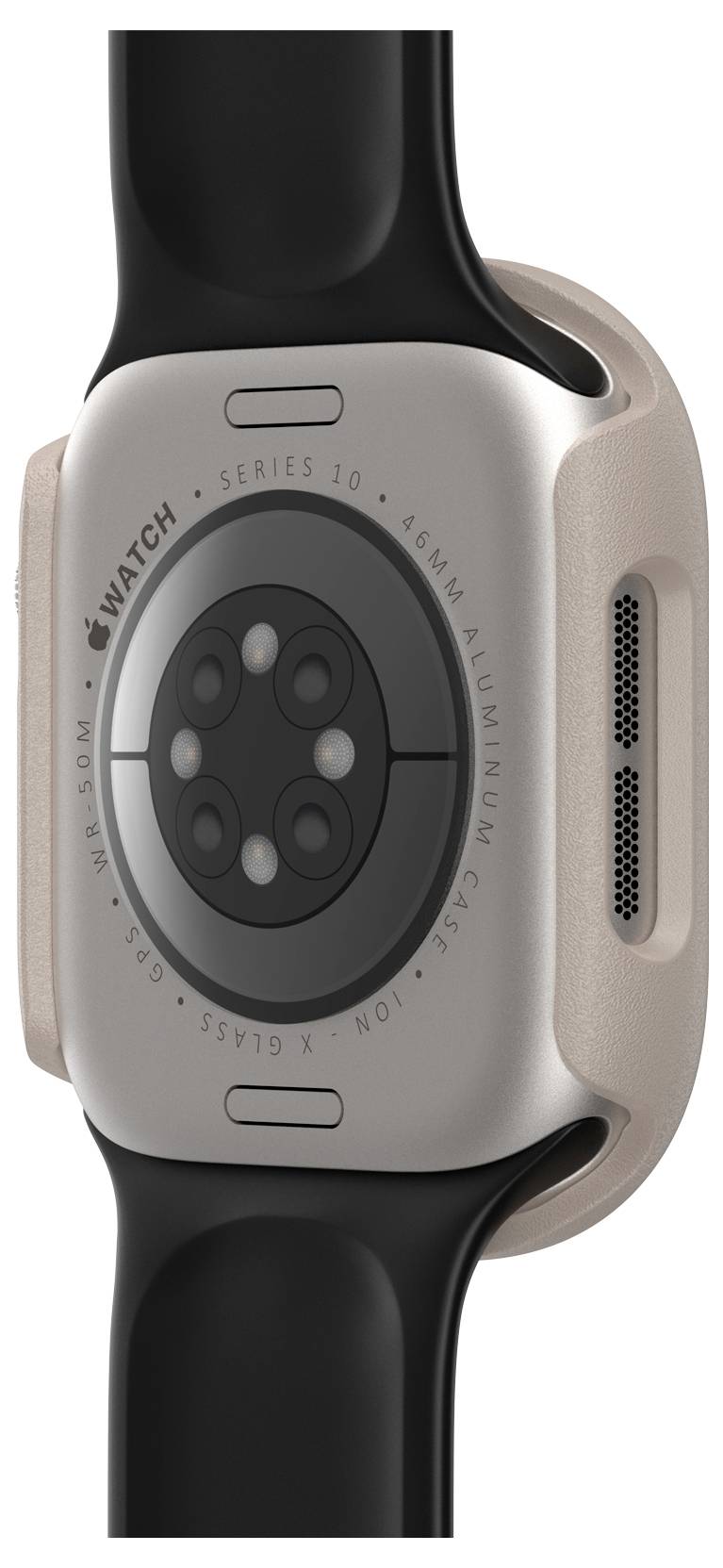 Tylna strona smartwatcha z czujnikami i metalową obudową. Czarna opaska z srebrną klamrą. Czujniki służą do monitorowania zdrowia.