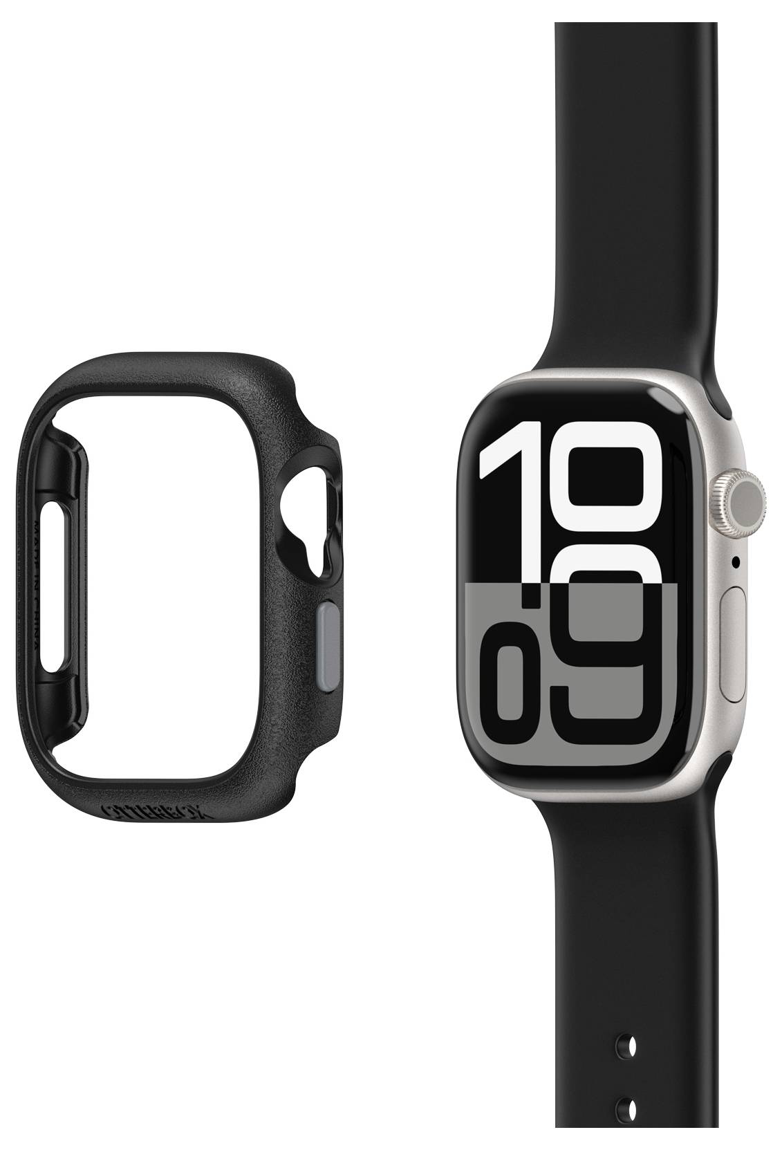 Smartwatch z czarnym paskiem wyświetla dużymi cyframi godzinę '10:09' na wyświetlaczu. Obok leży dopasowana czarna obudowa.