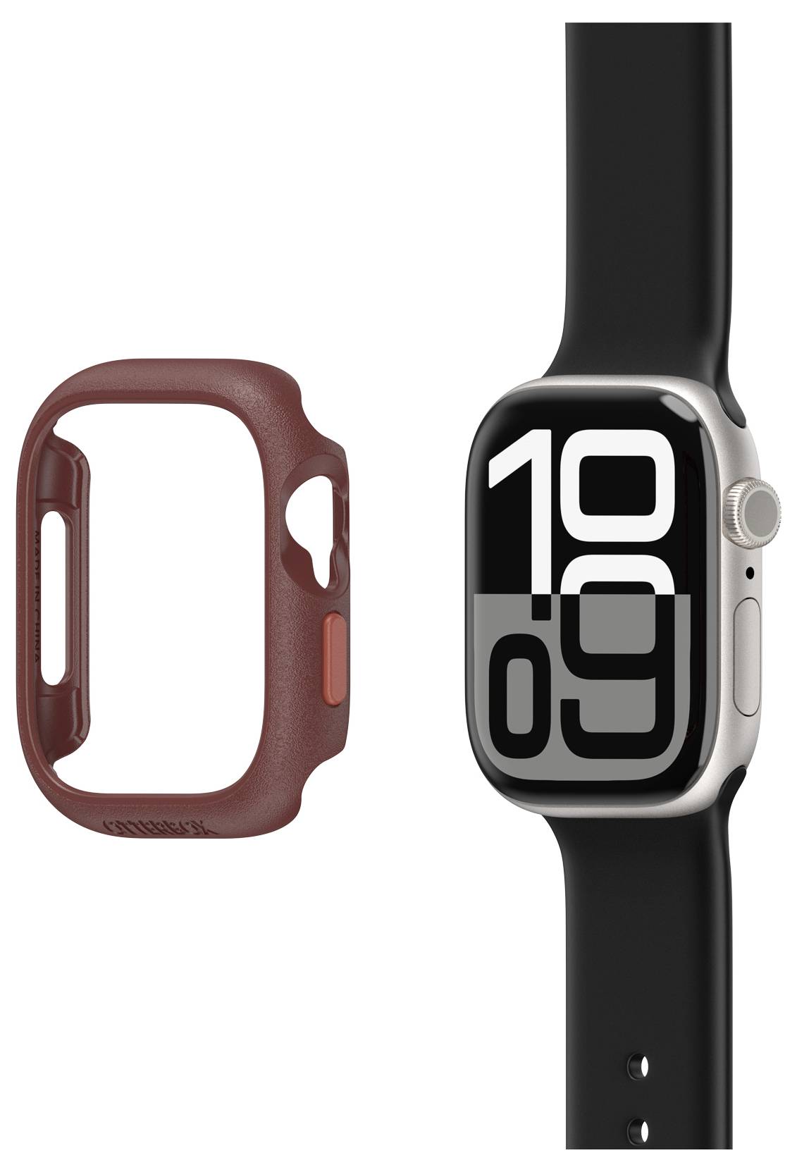 Widać smartwatch z czarnym paskiem i dużą cyfrową tarczą. Obok znajduje się czerwone etui ochronne na zegarek.