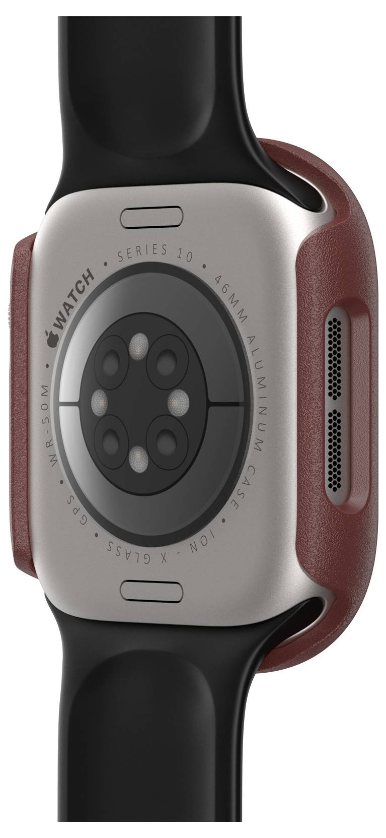 Spodnia strona smartwatcha z czujnikami i powierzchnią ładowania, czarna opaska, srebrna obudowa, 44-milimetrowa aluminiowa obudowa.