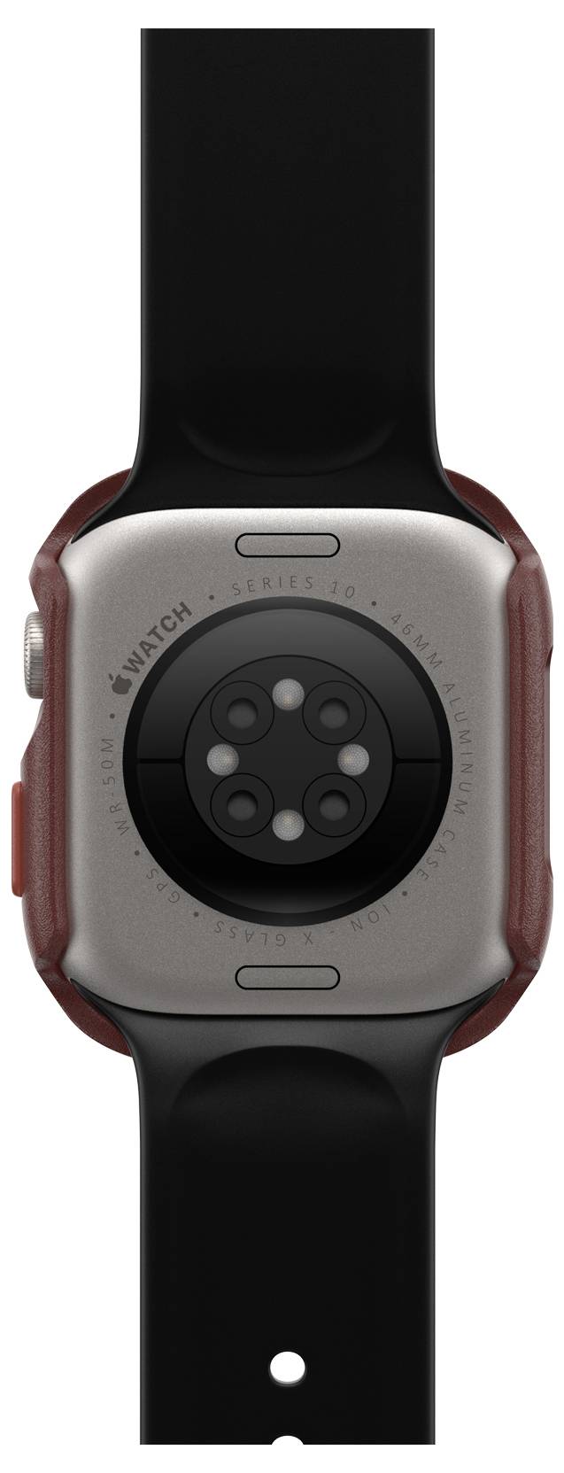 Tylna strona smartwatcha z okrągłym czujnikiem pośrodku, czarnym paskiem i metalową obudową z tyłu.