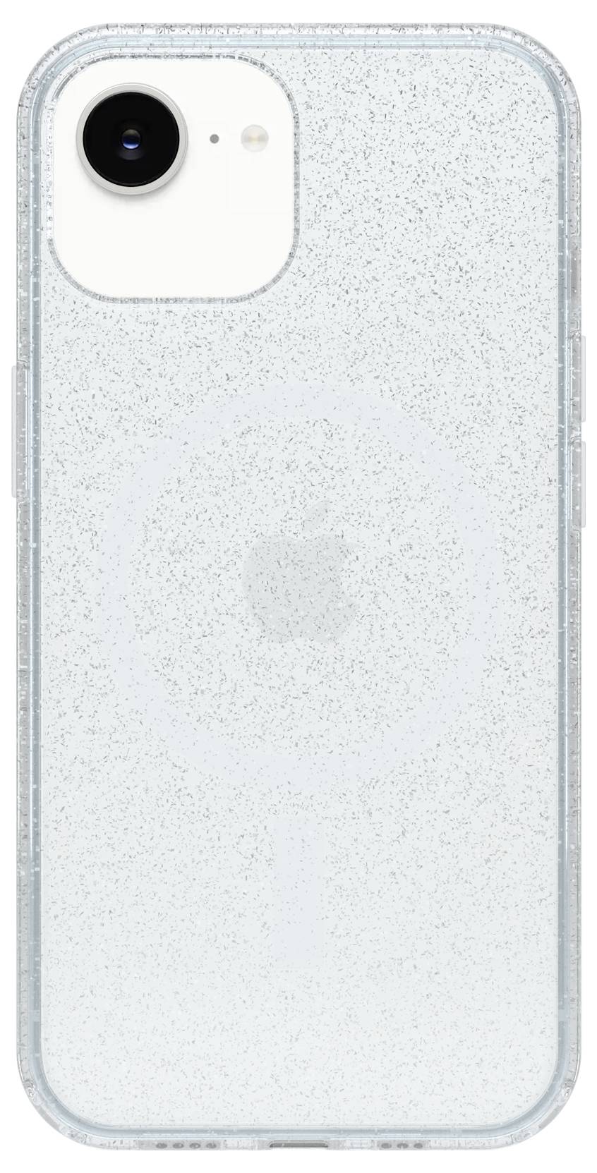 Przezroczyste etui na telefon z błyszczącym wzorem do smartfona, pokazane z tyłu z dużym wycięciem na pojedynczą kamerę.