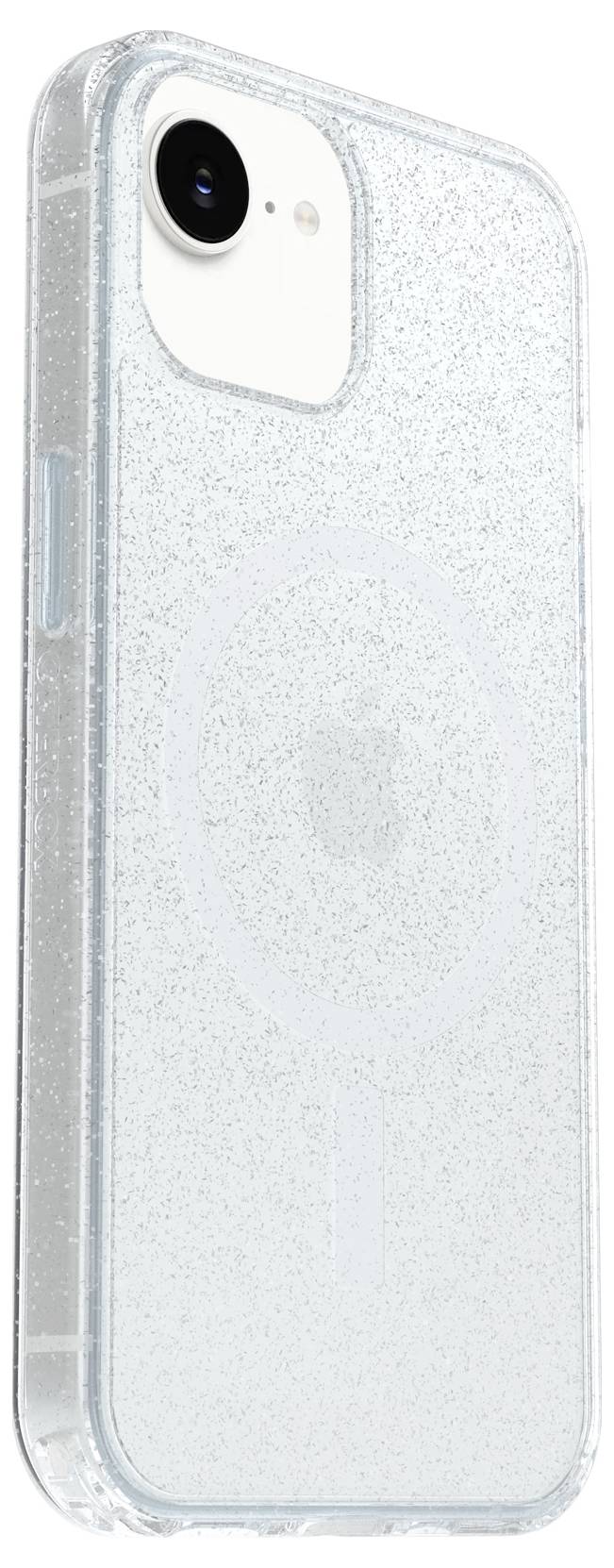 Przezroczysty błyszczący pokrowiec do telefonu widoczny od tyłu, z wycięciami na aparat i przyciski.