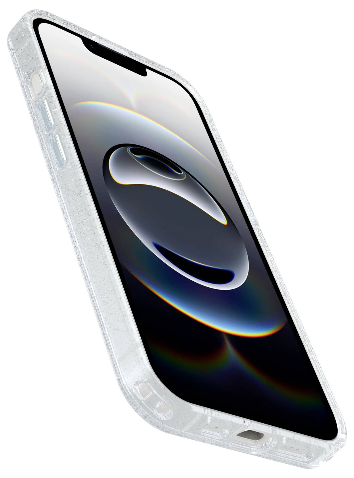 Smartfon pod kątem w przezroczystym etui ochronnym, pokazany na białym tle.