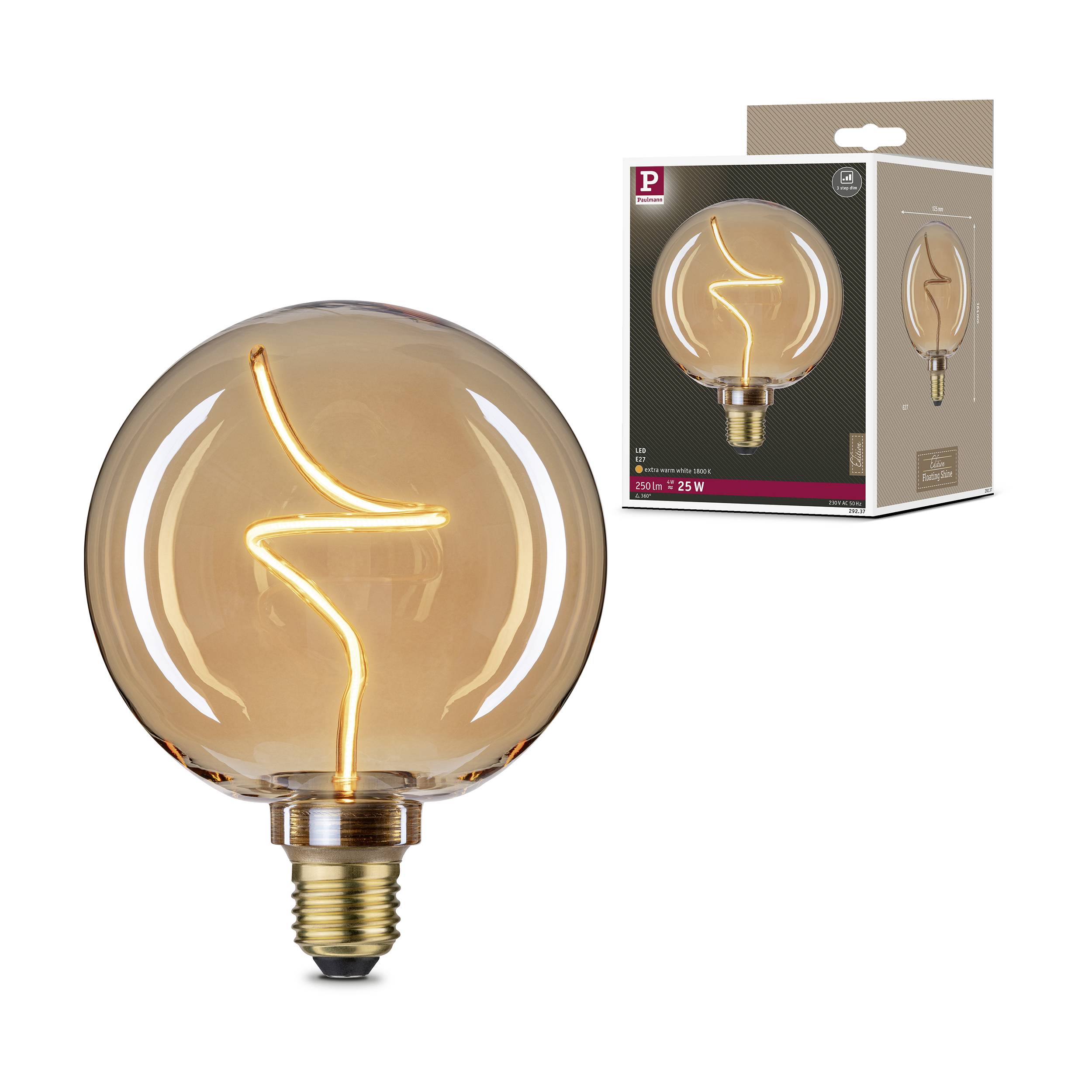 Kulista żarówka LED z rozświetlonym włóknem, obok niej opakowanie z ilustracją produktu.