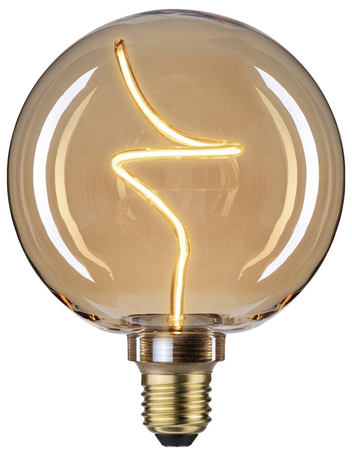 Żarówka kulista z falistym włóknem, włączona, na białym tle.