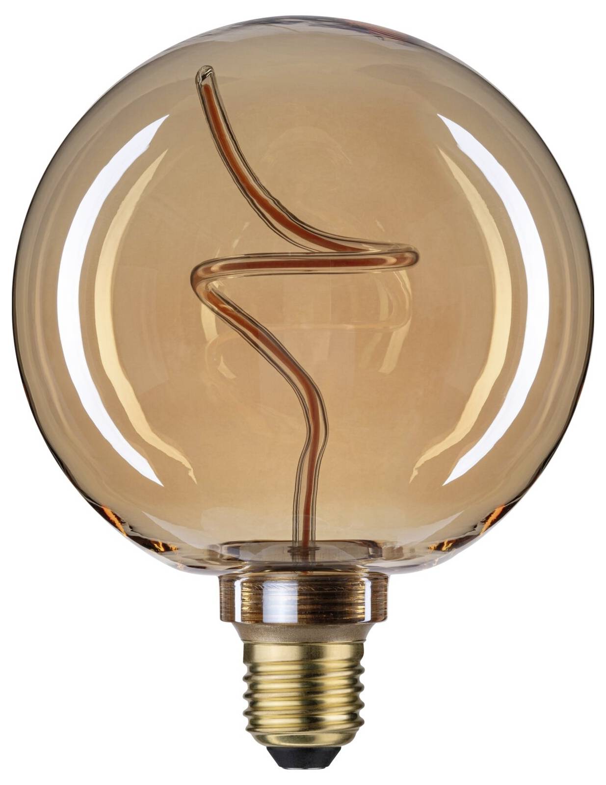 Okrągła żarówka w kolorze bursztynu z widocznym, spiralnie ukształtowanym włóknem żarowym i gwintem, odpowiednia do oświetlenia dekoracyjnego.