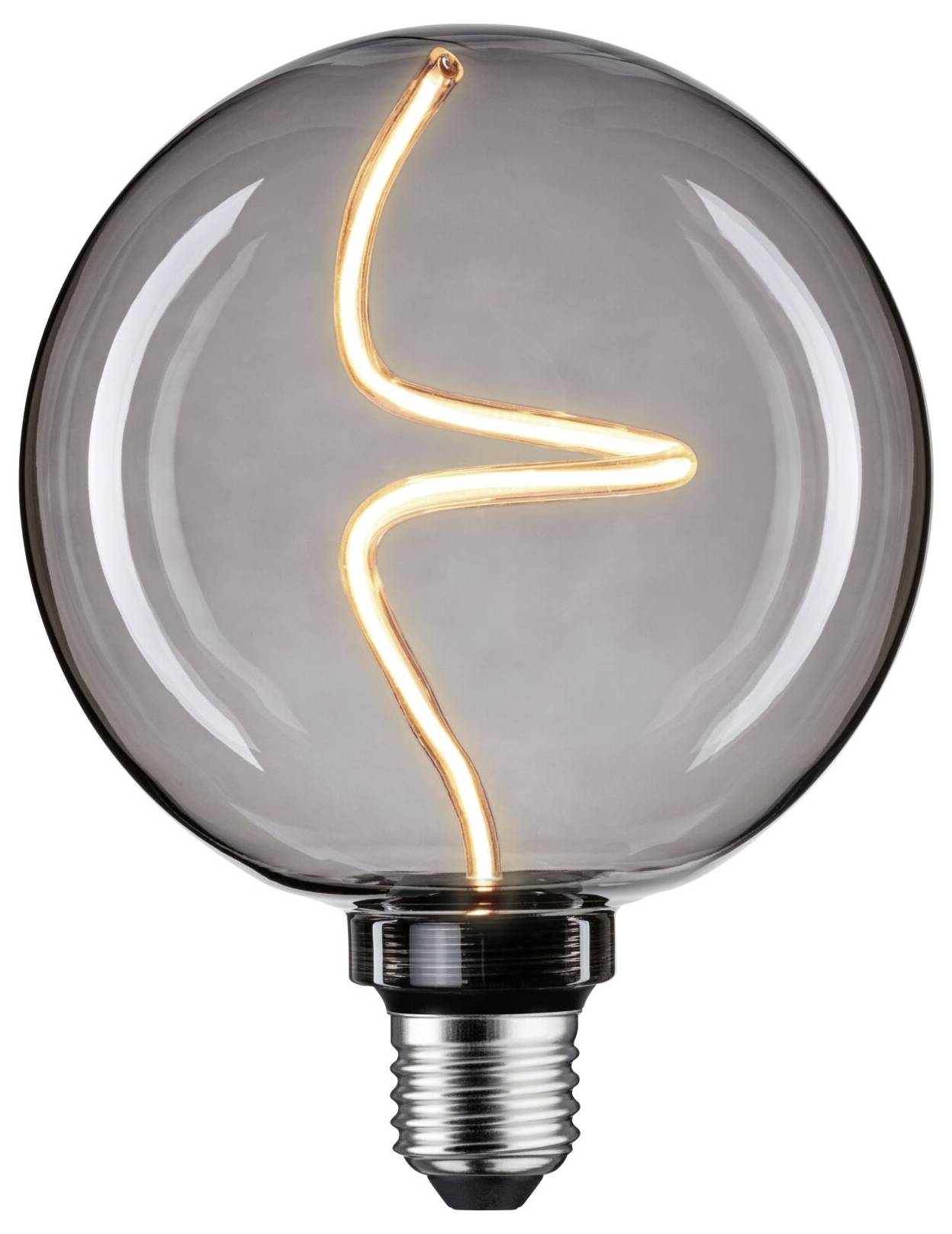 Żarówka z widoczną, wijącą się żyłką włókna świeci. Kształt jest okrągły i wyraźny, z standardowym gwintem.