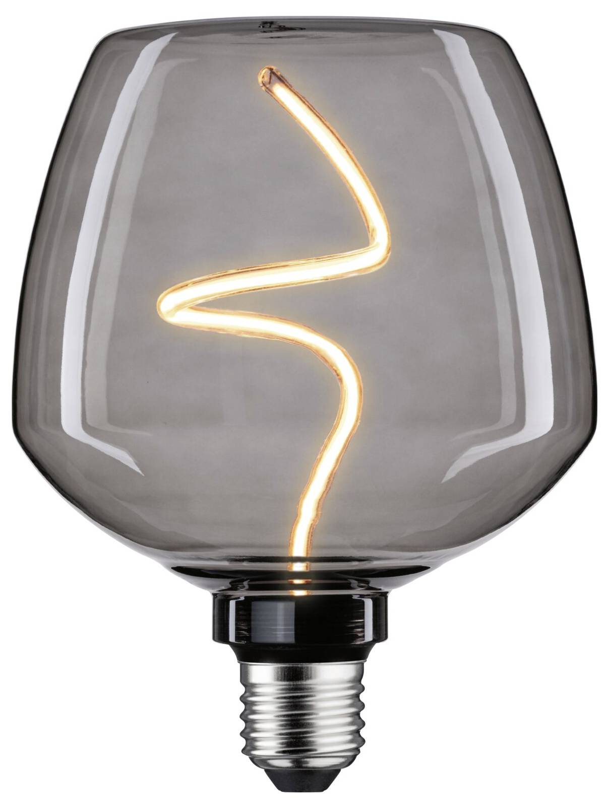 Nowoczesna żarówka LED z spiralnie ukształtowanym włóknem świecącym w przezroczystym, gruszkowatym szkle.