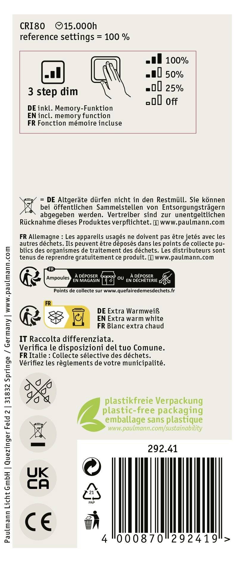 'Żarówka energooszczędna z trzema poziomami ściemniania, extra ciepłobiała. Opakowanie wolne od plastiku. Prosimy zapoznać się z informacjami dotyczącymi prawidłowej utylizacji.'