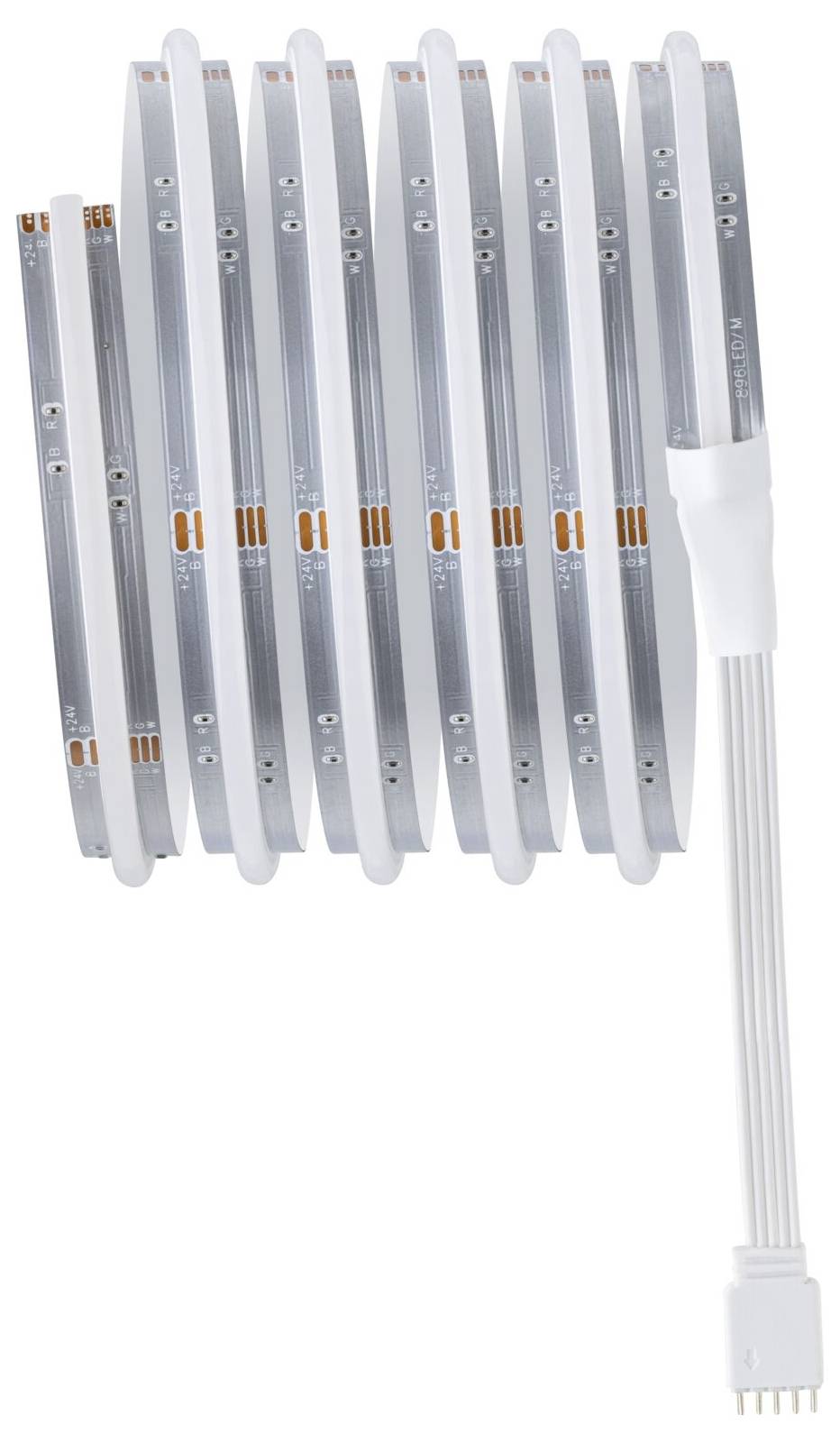 Pasek świetlny LED, zwinięty, z białym przewodem po prawej stronie.