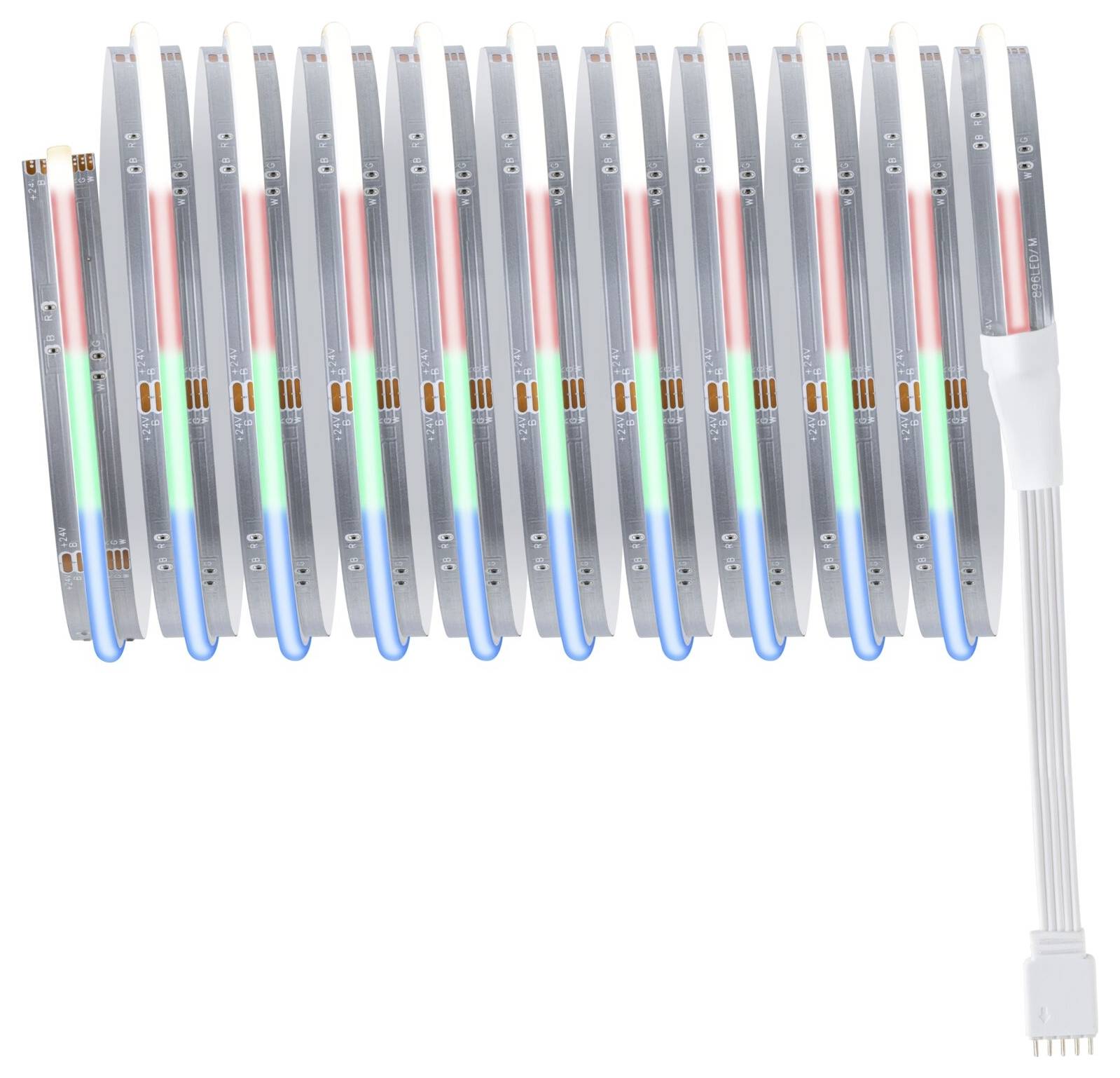 Kilka rolek pasków LED z naprzemiennie ułożonymi czerwonymi, zielonymi i niebieskimi światłami, ułożonymi obok siebie, z elementem przyłączeniowym po prawej stronie.