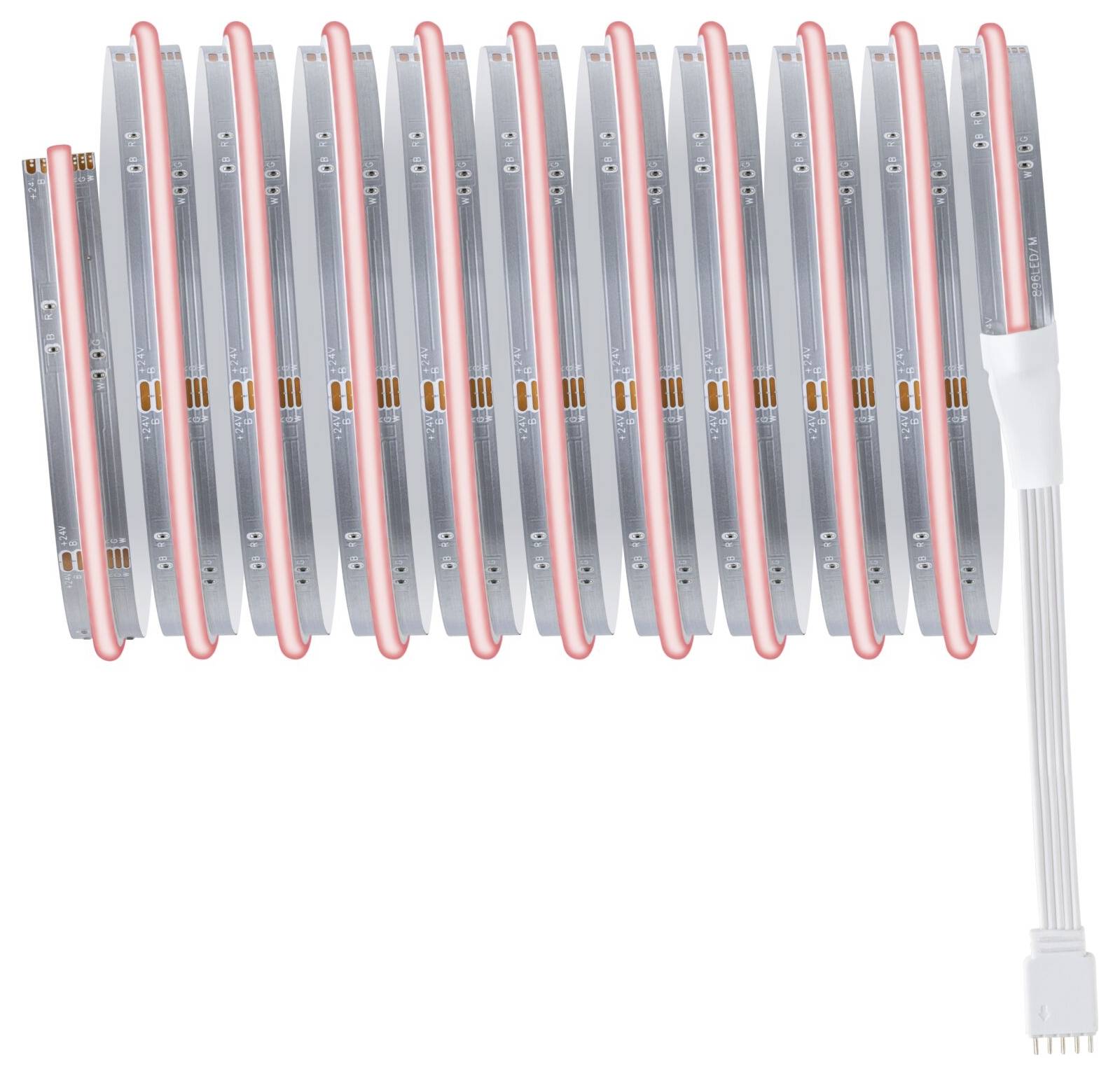 Elastyczna listwa świetlna z różowym światłem LED, połączona białym przewodem. Idealna do dekoracji lub stworzenia nastrojowego otoczenia.