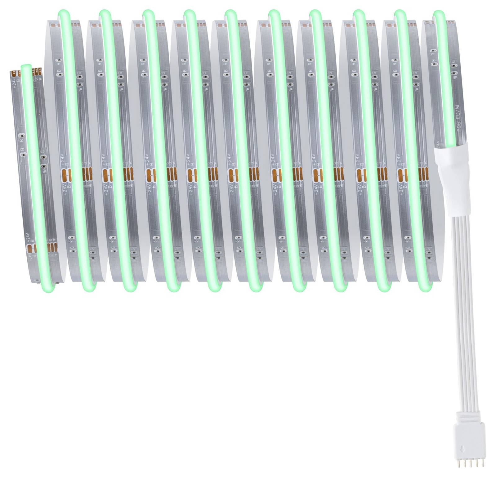 Zwinięty pas świetlny LED z zielonym światłem i białym przewodem przyłączeniowym po prawej stronie.