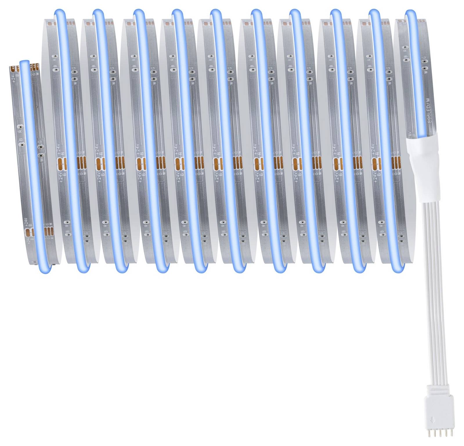 Dwa zrolowane paski LED, ułożone równolegle obok siebie, z niebieskim obrzeżem i miedzianymi stykami, przymocowane do białego przewodu.