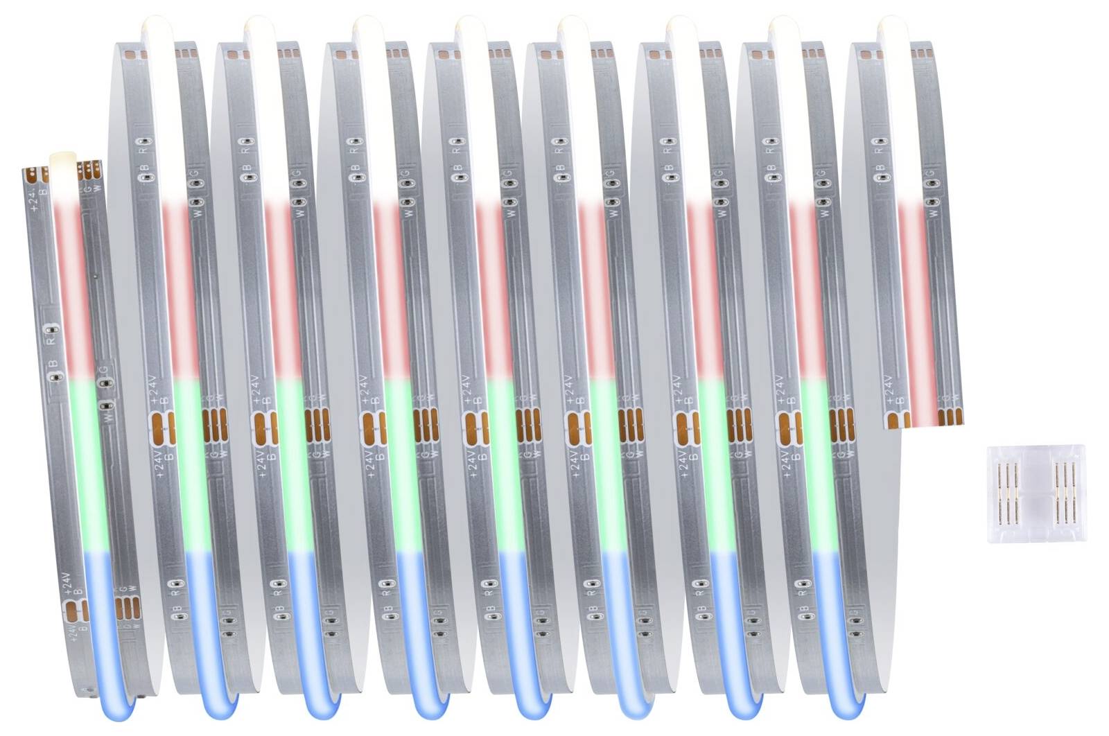 Kilka listew LED z czerwonymi, zielonymi i niebieskimi segmentami, ułożonymi w linii. Obok leżą cztery białe złącza.