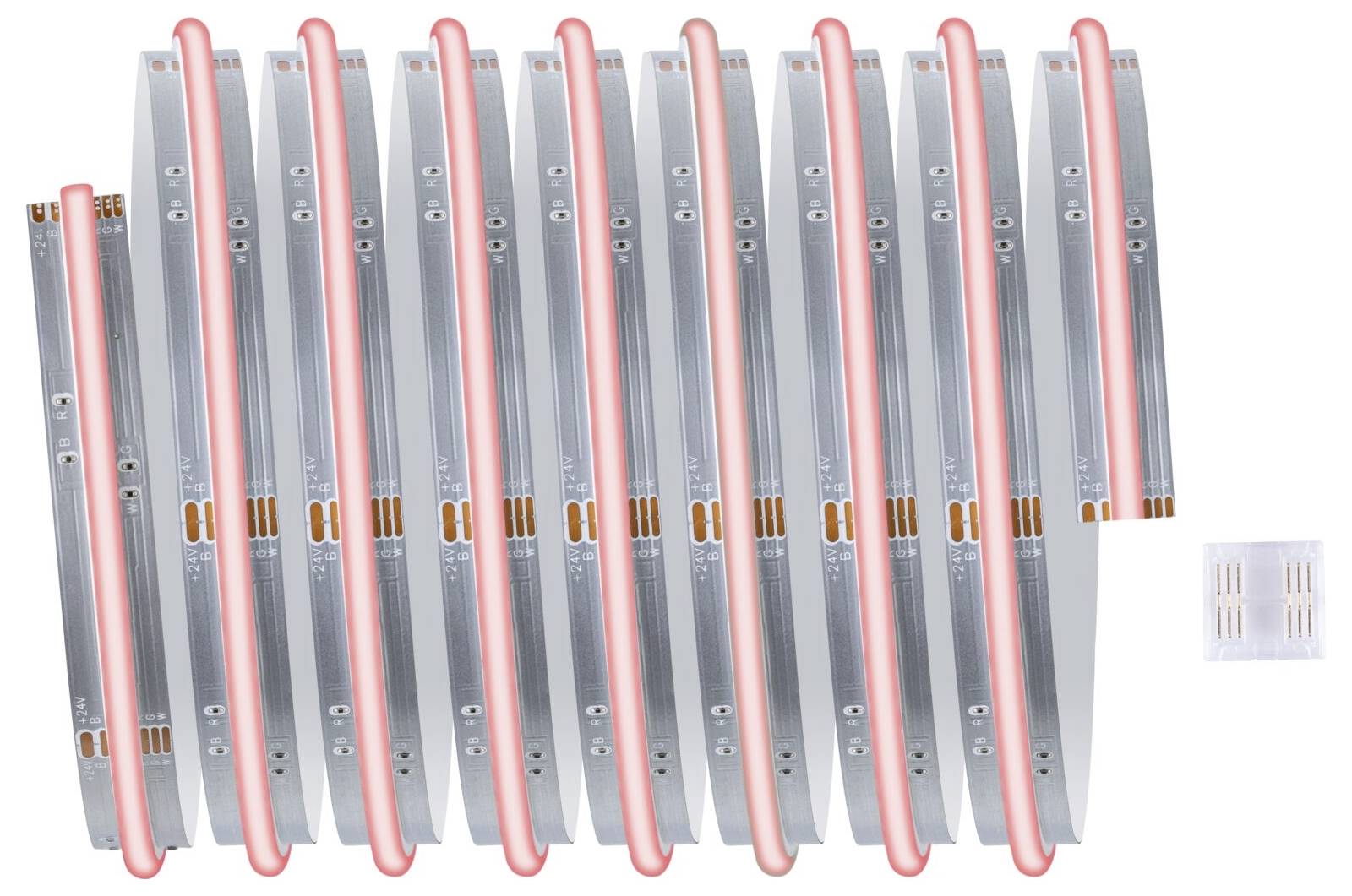 Dwanaście pasków LED w rzędach, po lewej stronie trzy złącza. Biały, czteropinowy złącz leży obok, na białym tle.