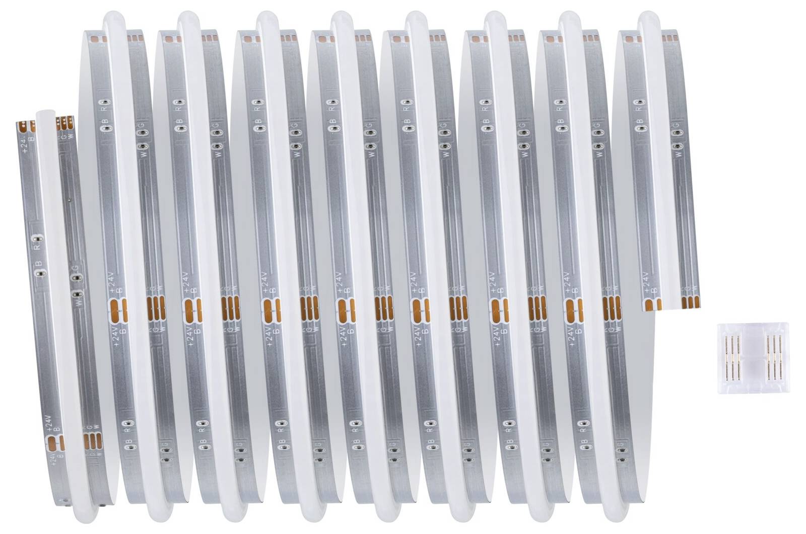 Czternaście elastycznych pasków płytek drukowanych i mały element łączący, ułożone na białym tle.