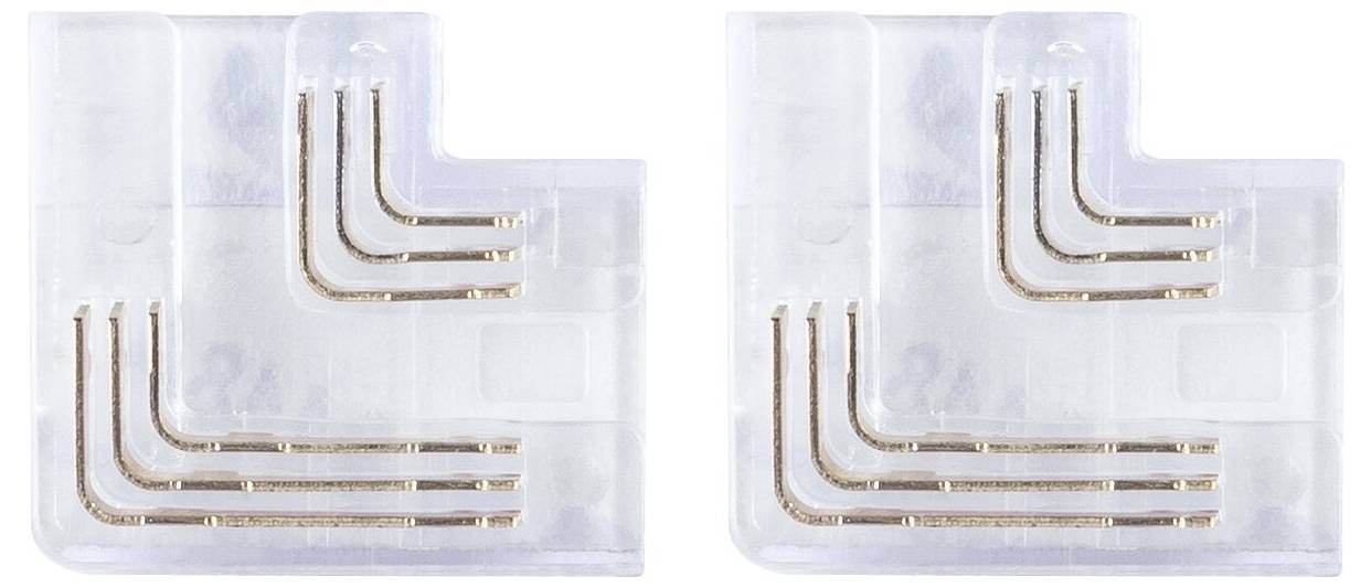 Dwa przezroczyste elementy plastikowe z metalowymi stykami, stanowiące złącza kablowe L do pasków LED.