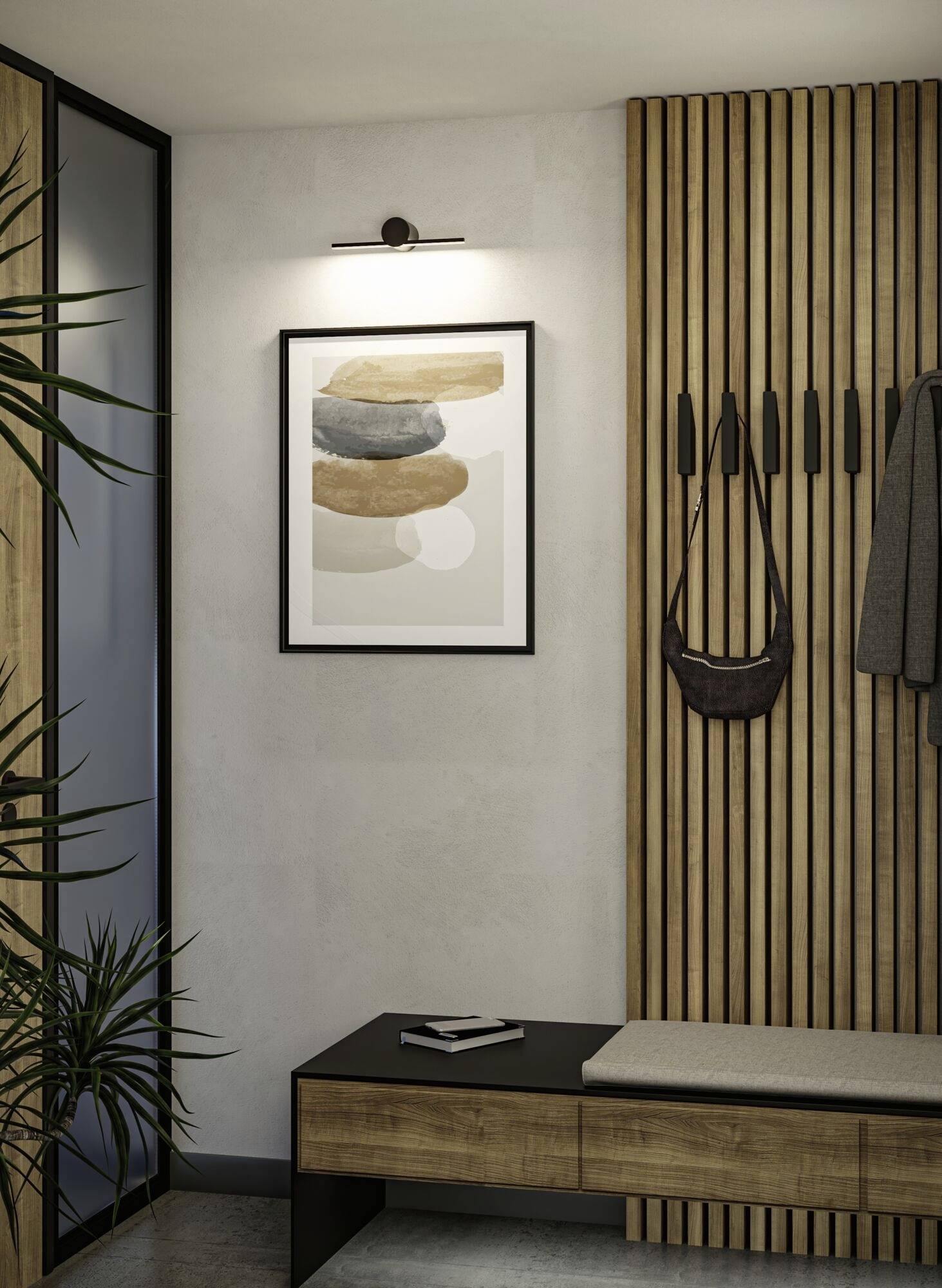 Drewniany, boazerowany przedpokój z ławką, nowoczesną sztuką ścienną i wieszakami na ubrania; dyskretne oświetlenie i roślina ozdobna.