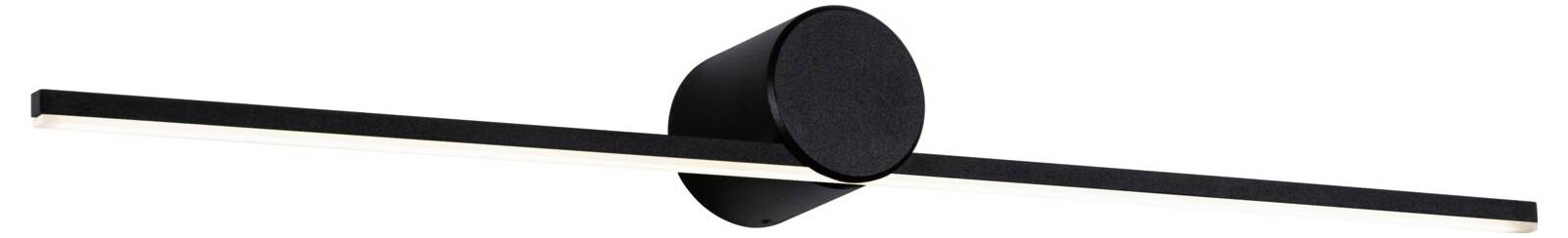 Czarna lampa ścienna o linearnym, smukłym designie. Centralne, okrągłe mocowanie. Nowoczesne, minimalistyczne oświetlenie.