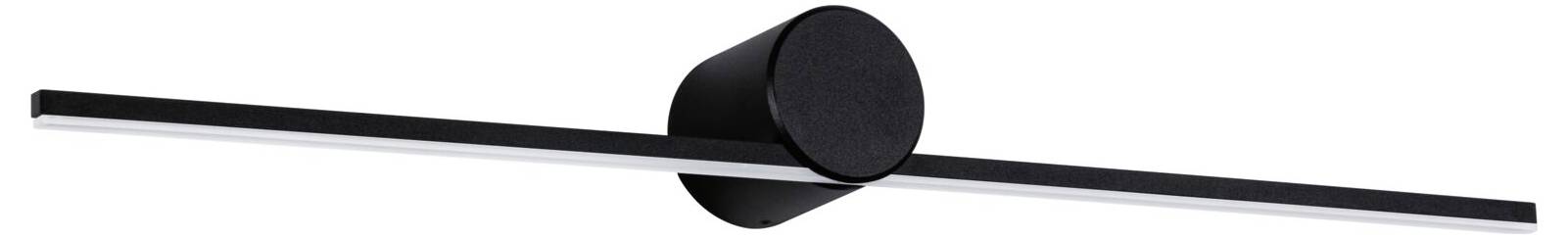 Czarna, nowoczesna lampa ścienna z długim, poziomym pasem świetlnym i okrągłą podstawą.