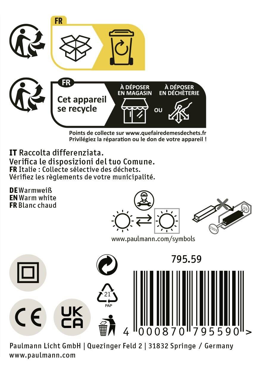 Etykieta z instrukcjami dotyczącymi utylizacji i recyklingu urządzenia elektronicznego we Włoszech i Francji. Zawiera symbole i linki internetowe.
