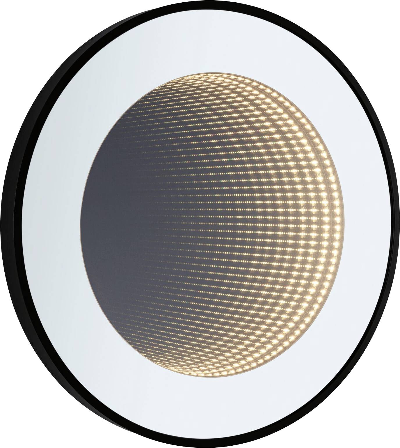 Czarny okrągły lustro z efektami świetlnymi, które tworzą złudzenie głębi. Umieszczony na jasnym tle pomieszczenia.